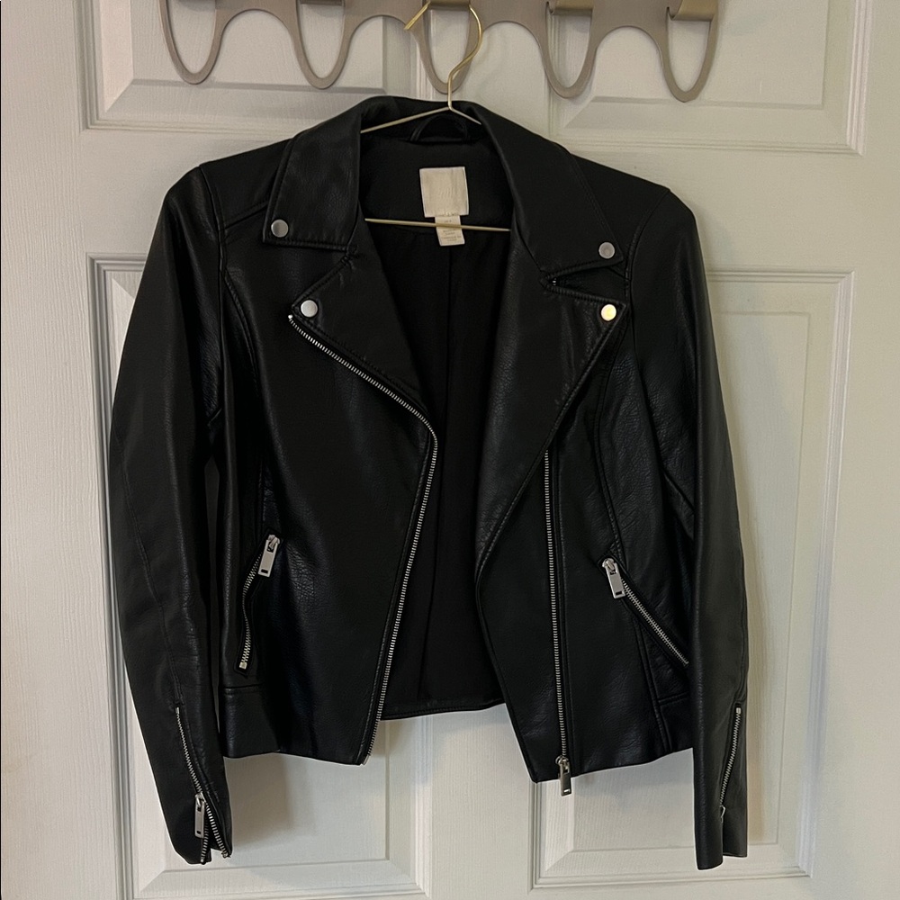 H&M Black Faux Leather Jacket with Silver Accents - Size 4